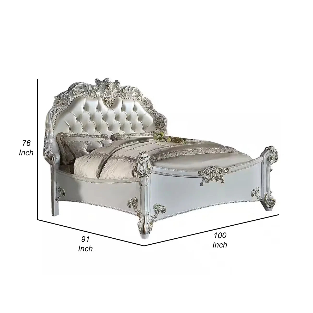 Antoine Bed, White Faux Leather Victorian Carved, Antique White - OUCHCART | Bed