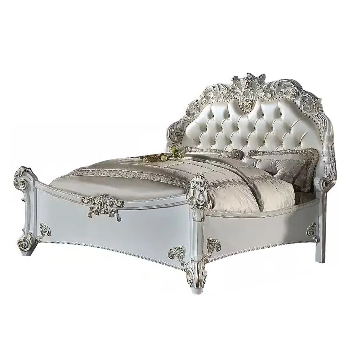 Antoine Bed, White Faux Leather Victorian Carved, Antique White