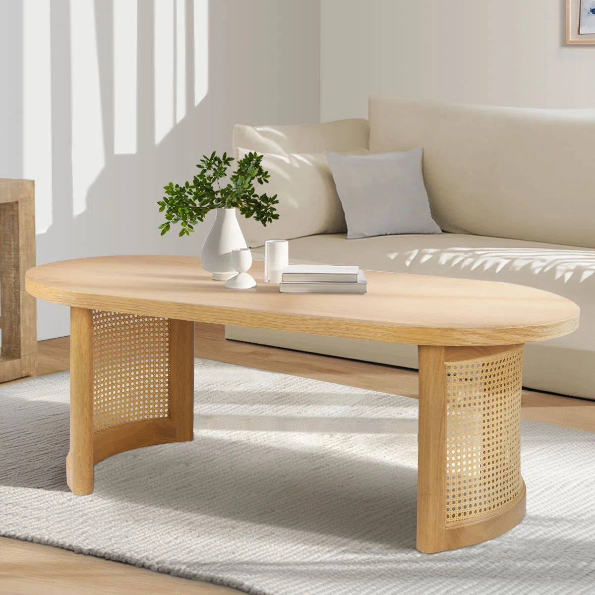 Antowine 48" Oval Solid White Oak Rattan Coffee Table