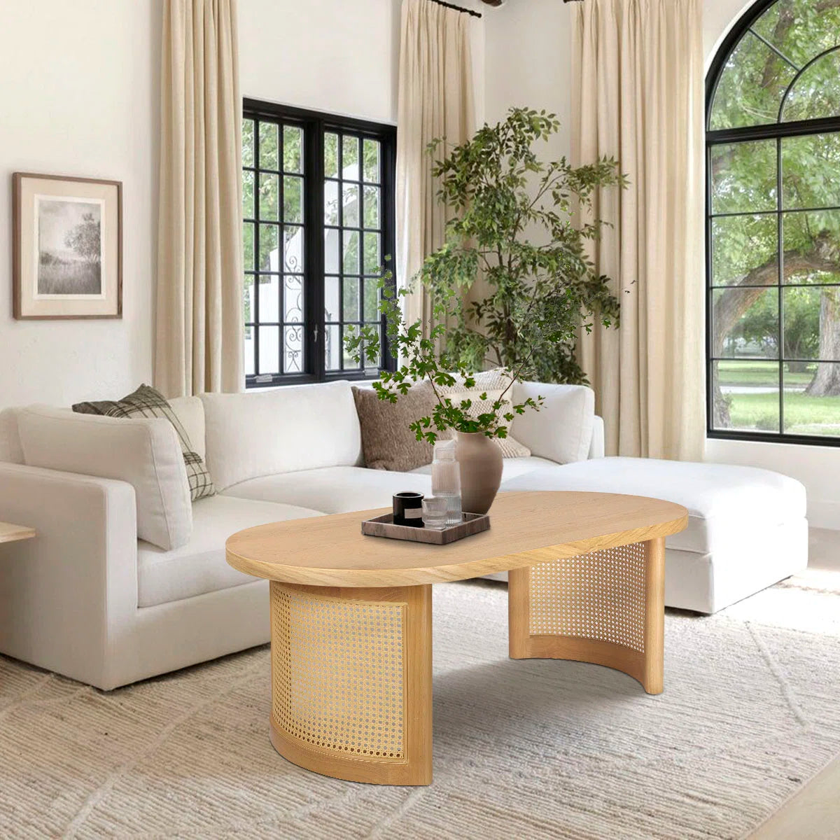 Antowine 48" Oval Solid White Oak Rattan Coffee Table