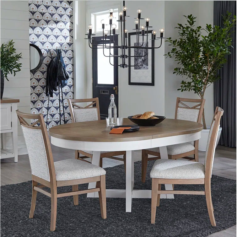 4 seater Round Dining Set with Weathered Natural Finish & Upholstered Chairs ouch cart