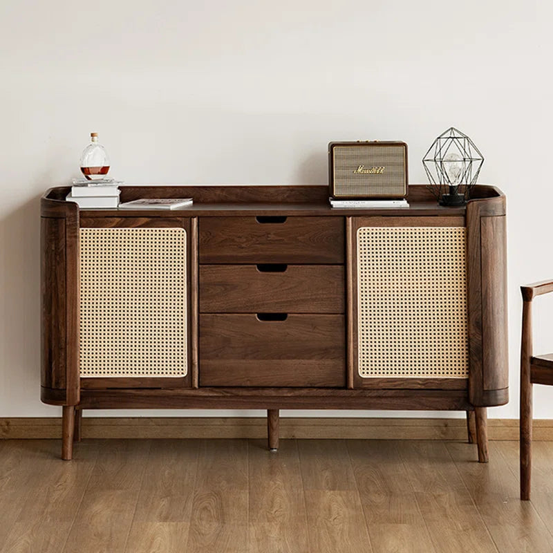 Modern White Oak Sideboard Cabinet with Rattan Sliding Doors and Storage Drawers
