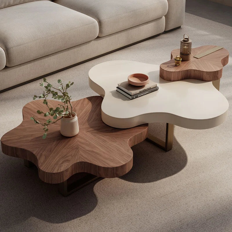 Cloud-Shaped Modular Coffee Table Set – Walnut Finish Nesting Tables with Metal Legs for Modern Living Rooms