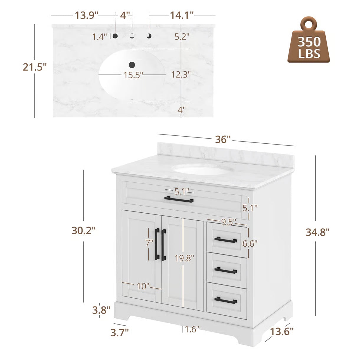 Auben 36" Modern Bathroom Vanity – Engineered Marble Top & Storage Drawers