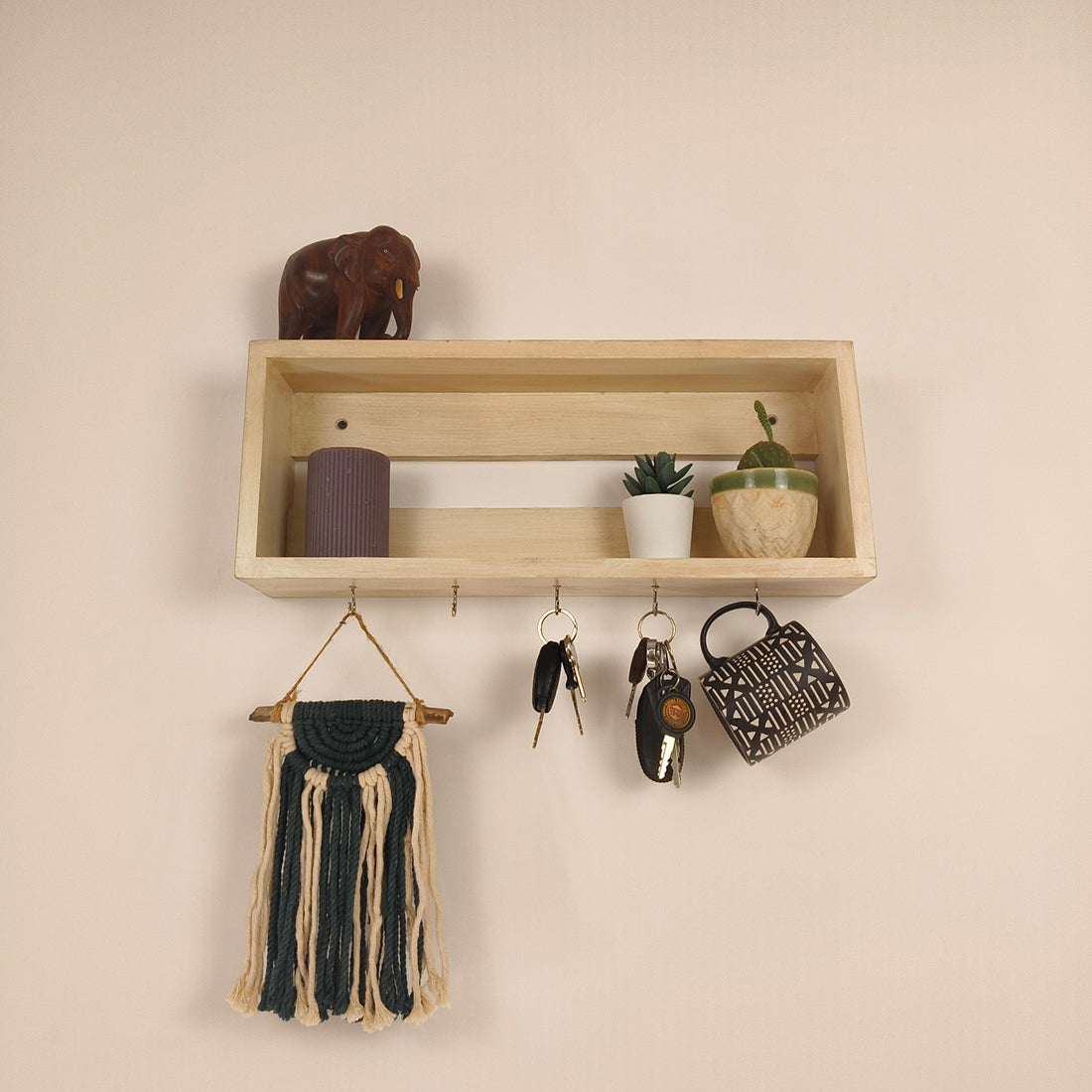 Avalon Wooden Wall Shelf Organiser with Key Holders-OUCH CART | Wall hanging