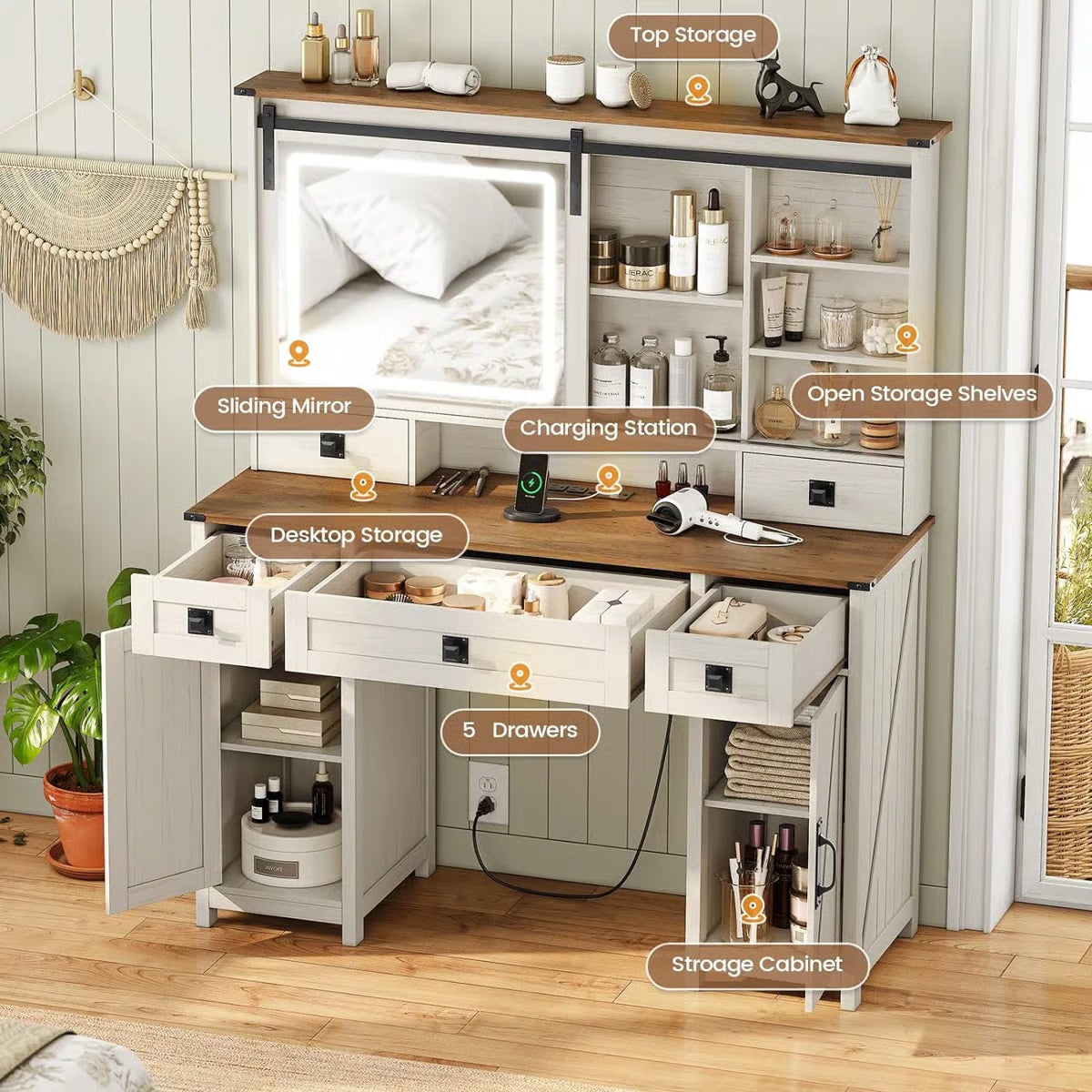 Azraf 47.2" Farmhouse Vanity Dressing Table with 5 Storage Drawers and Elegant Design-OUCH CART | Dressing table