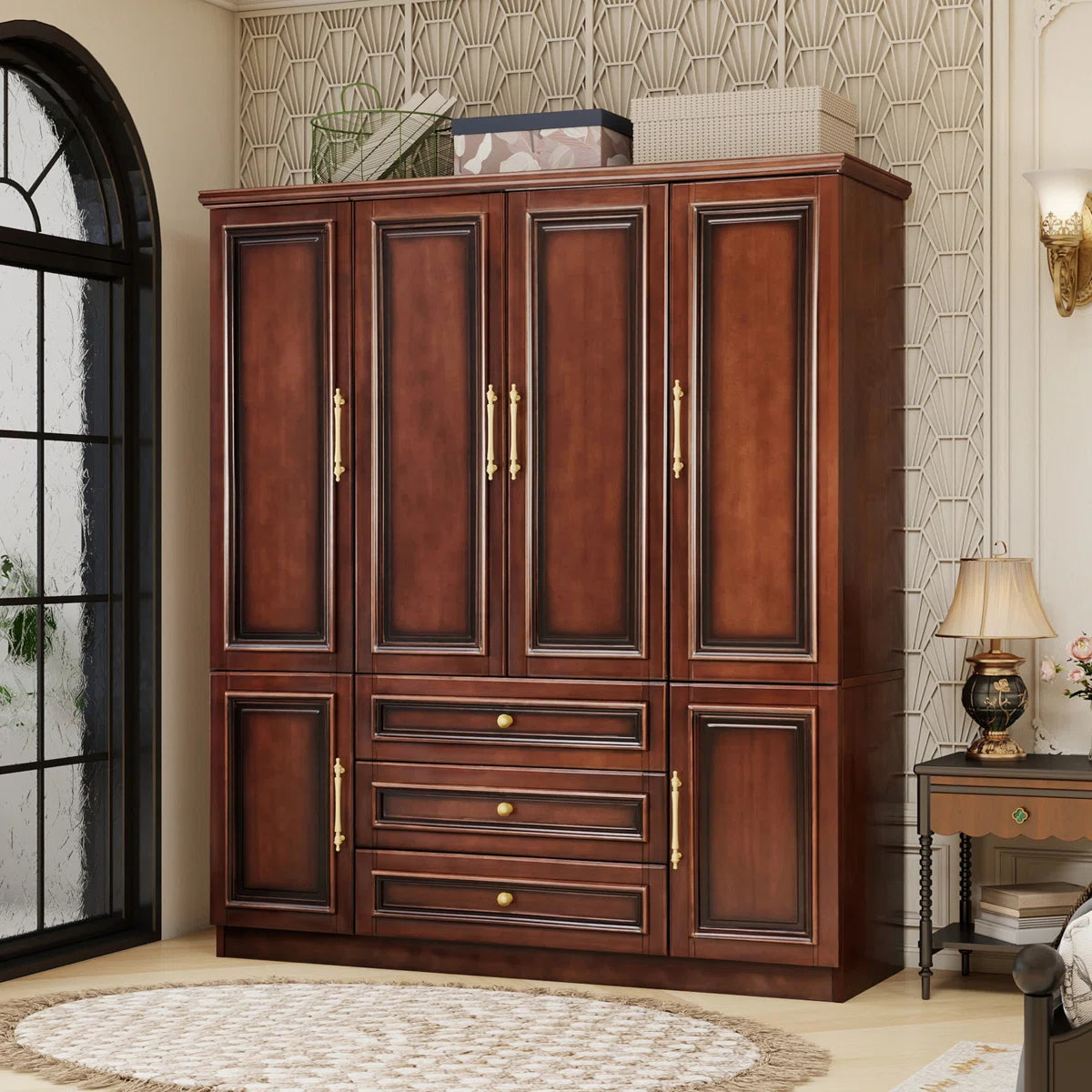 Solid Cherry Wood Wardrobe Armoire with with 3 Drawers & 2 Hanging Rods, 70.87"H