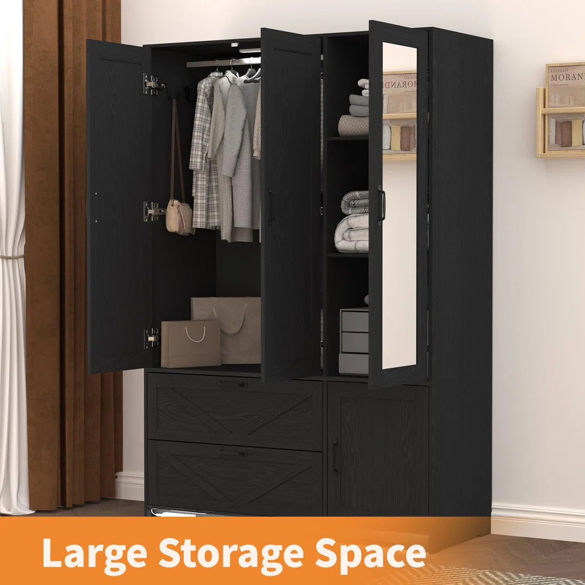 3-Door Farmhouse Wardrobe Armoire with Adjustable Shelves and 2 Drawers