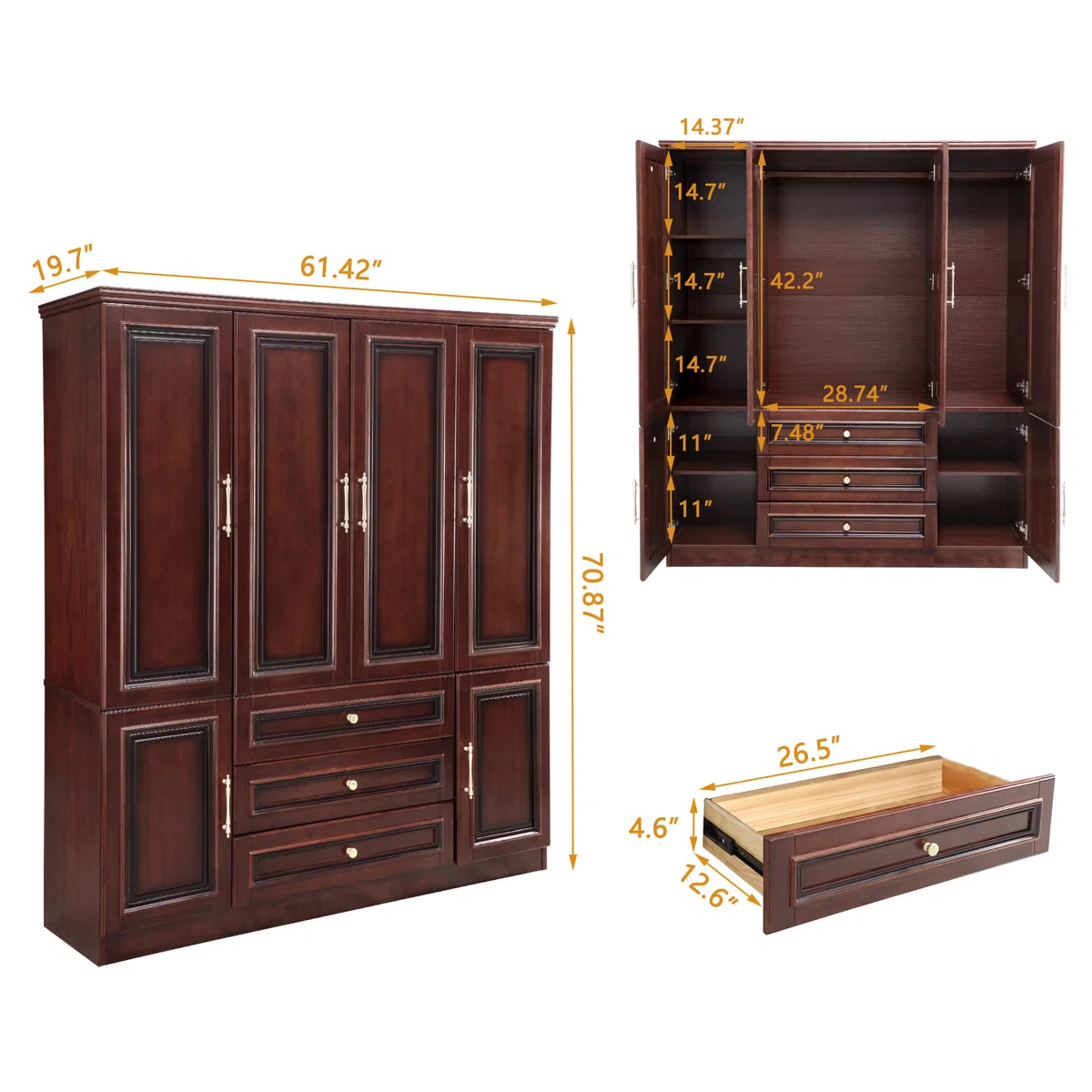 Cherry Wood 3-Drawer Wardrobe Armoire with 2 Hanging Rods 70.87 H Bedroom Storage