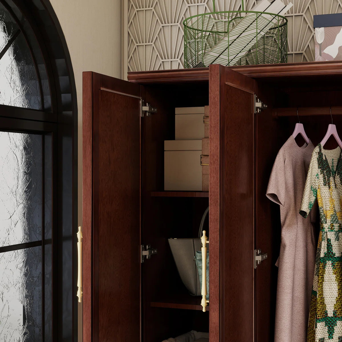 Cherry Wood 3-Drawer Wardrobe Armoire with 2 Hanging Rods 70.87 H Bedroom Storage