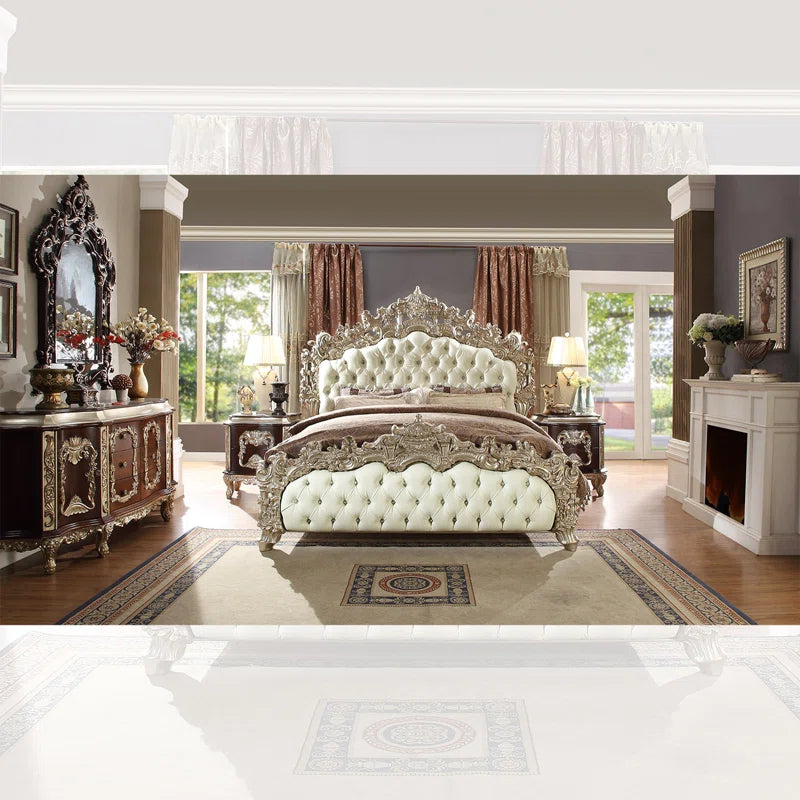 BEDROOM RESIN/LEATHER 5PC BEDROM | SILVER W/BROWN CHERRY ACCENT PIECES- OUCHCART | Luxury BED