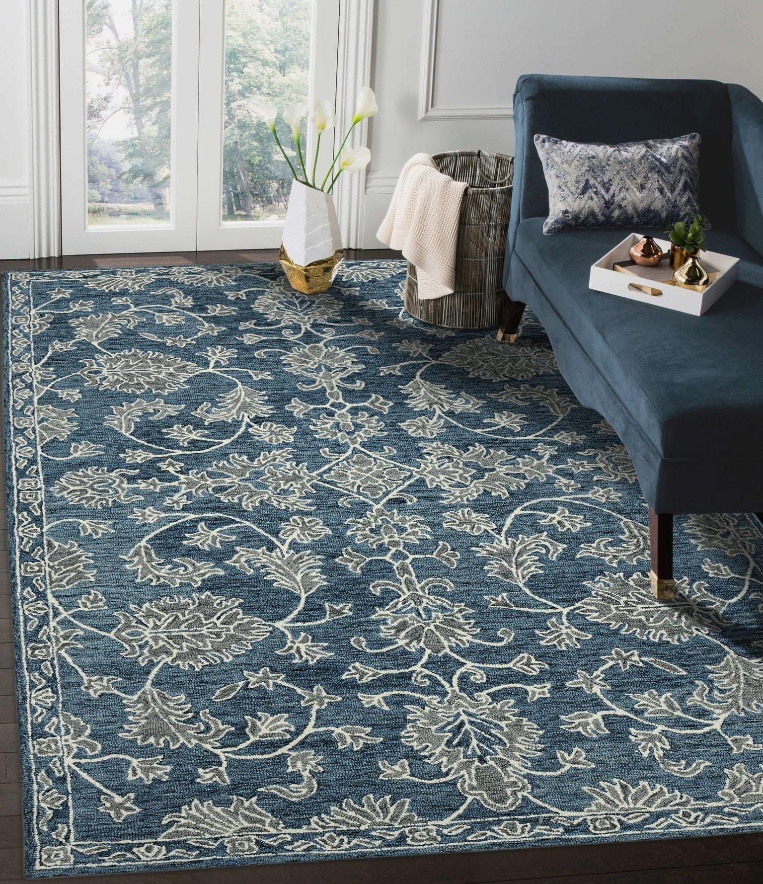 Navy Wool Romania 5x8 Feet Hand-Tufted Carpet - Rug - Ouch Cart
