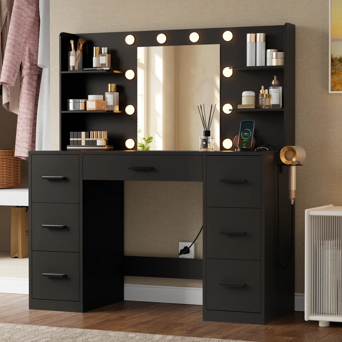 Ragin Vanity Desk with 3-Mode LED Mirror Lights and Built-In USB Charging Station
