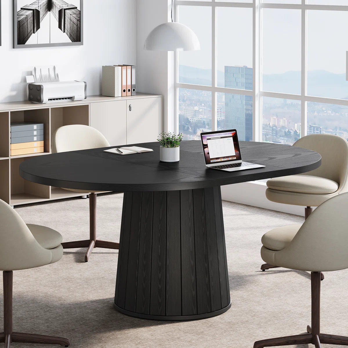 55" Oval Conference Meeting Table With Wood Base For 6 People- ouch cart