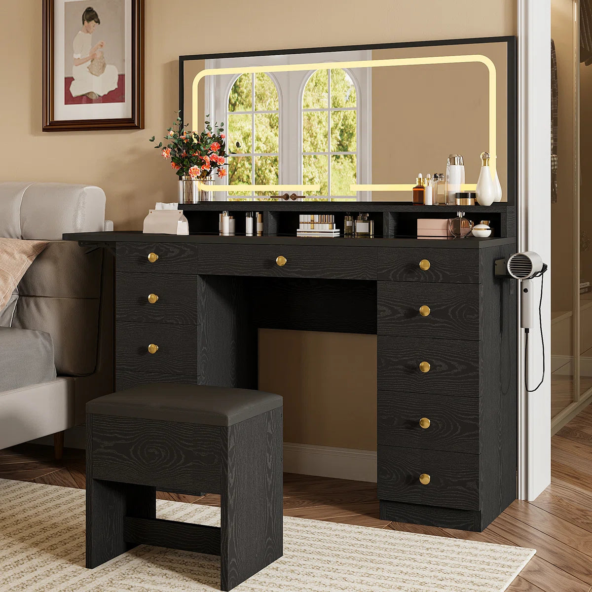 46โโ Makeup Vanity Set with LED Lights, Mirror, Power Outlet, 11 Drawers, and Matching Stool - OUCH CART| Dressing table