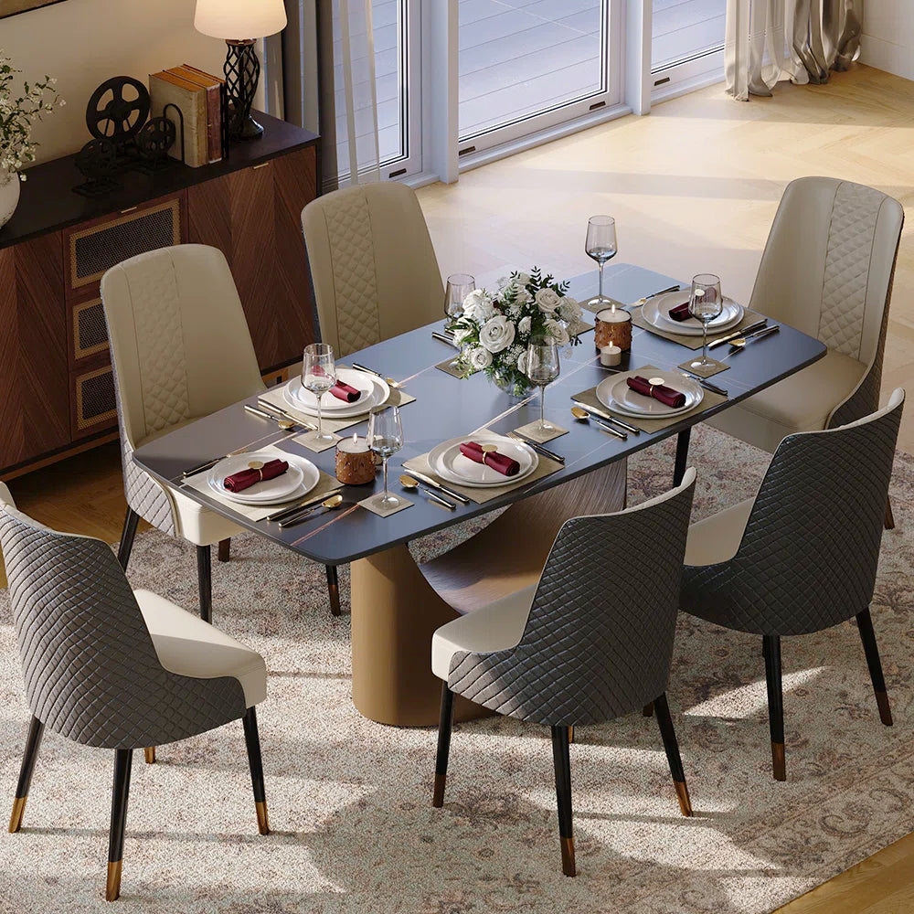 Hobart 7-Piece Modern Dining Room Sets (71" Dining Table + 6 Chairs) Pre-Assembly, Sintered Stone Tabletop Kitchen Dining Table Set with 6 PU Upholstered Chairs OUCH CART