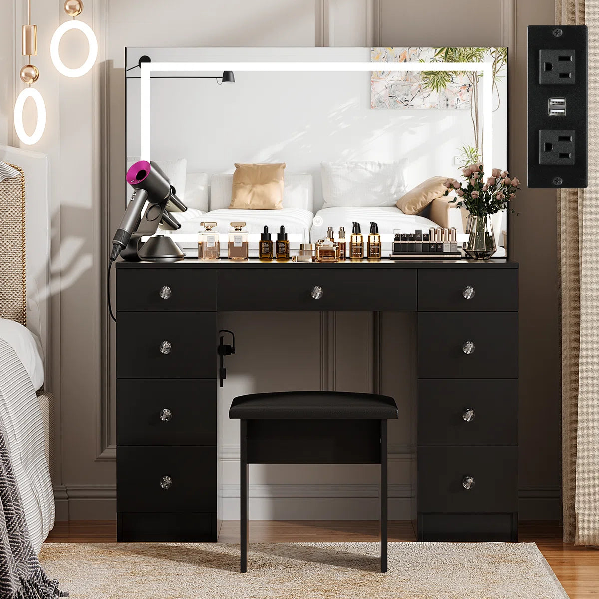 Greyden Lighted Vanity Set with LED Mirror, Diamond Handles on 9 Drawers, and Built-In Power Outlet