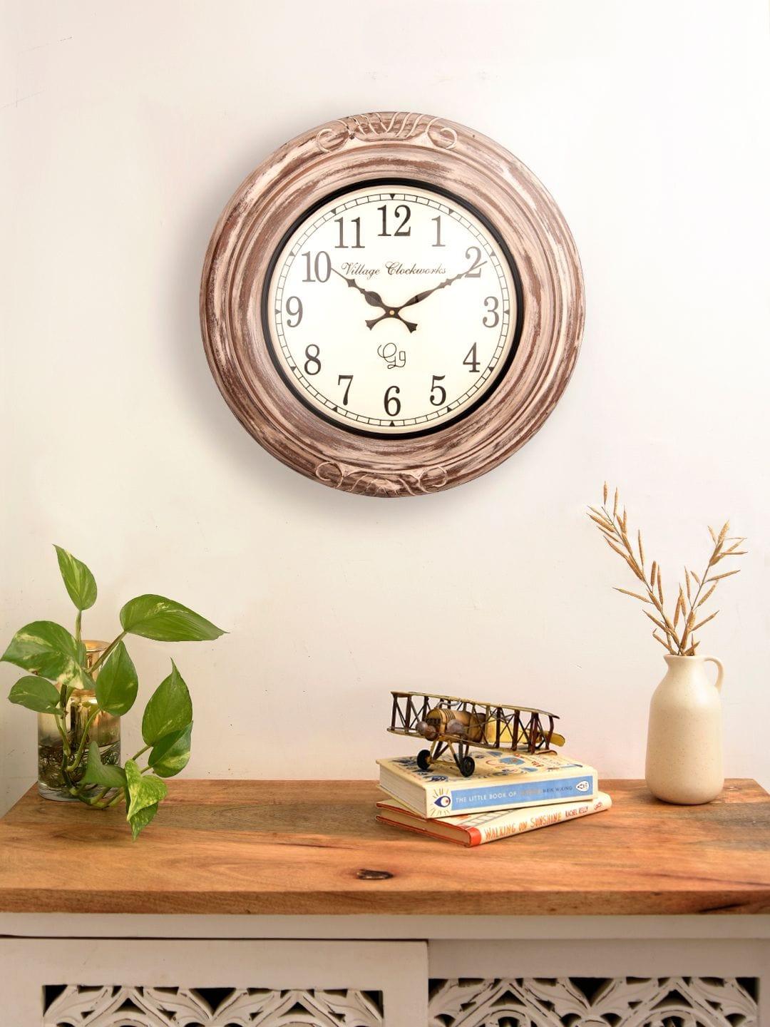 Round Wooden Distress White 18 Inches Wall Clock - Ouch Cart