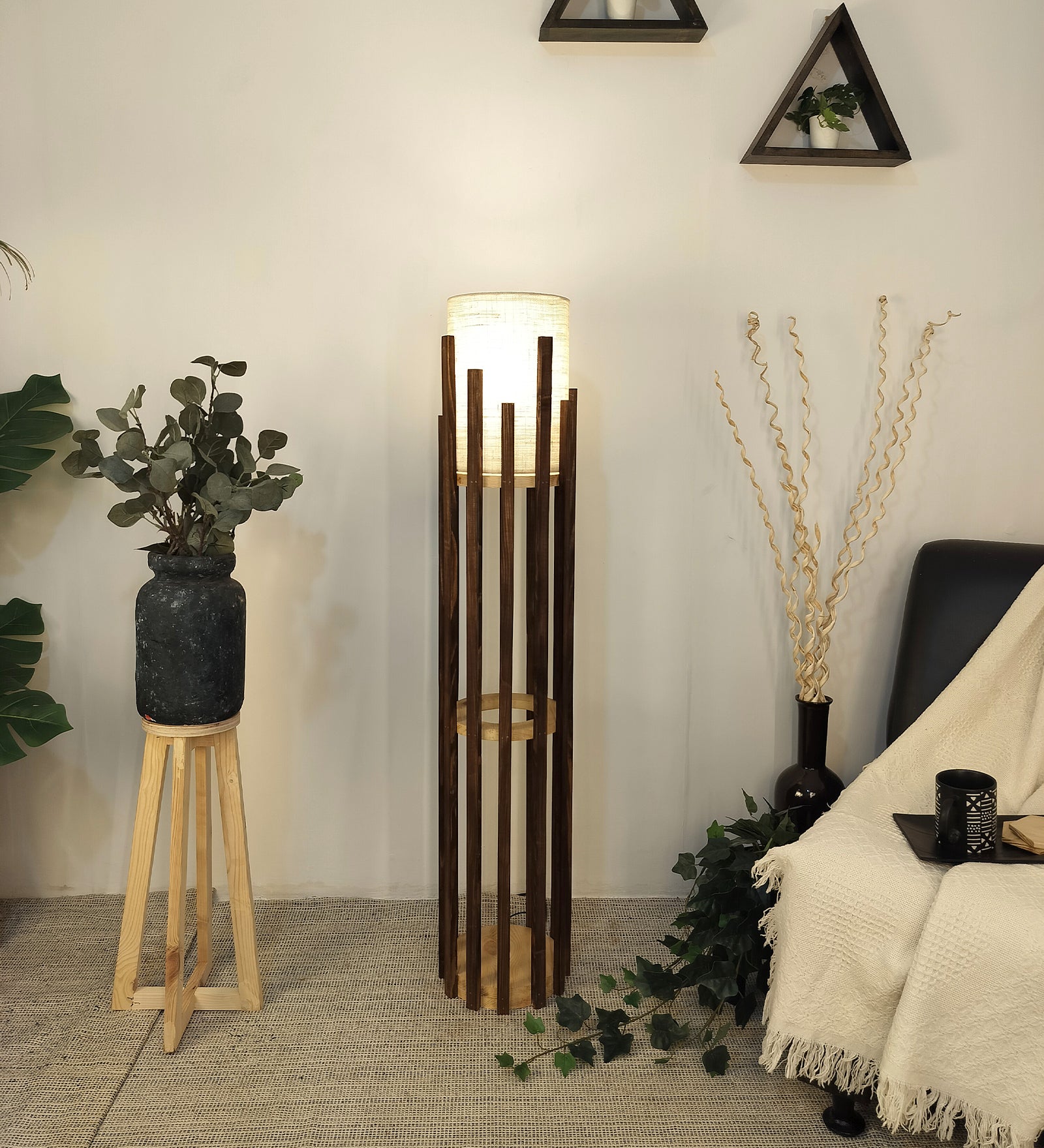 Bastian Wooden Floor Lamp with Brown Base and White Fabric Lampshade (BULB NOT INCLUDED)