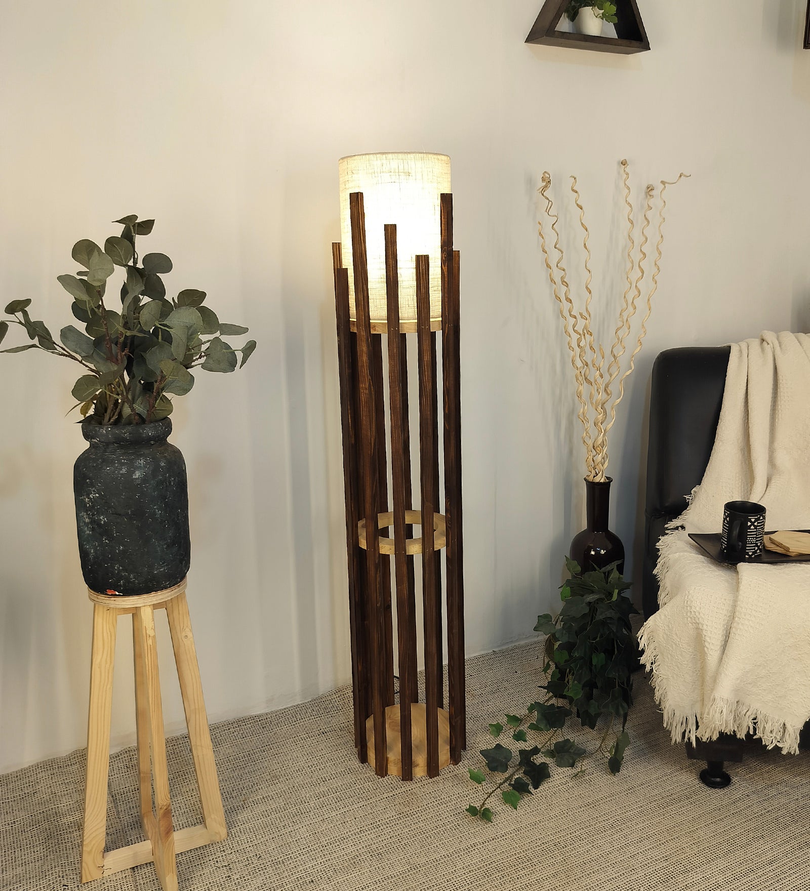 Bastian Wooden Floor Lamp with Brown Base and White Fabric Lampshade (BULB NOT INCLUDED)