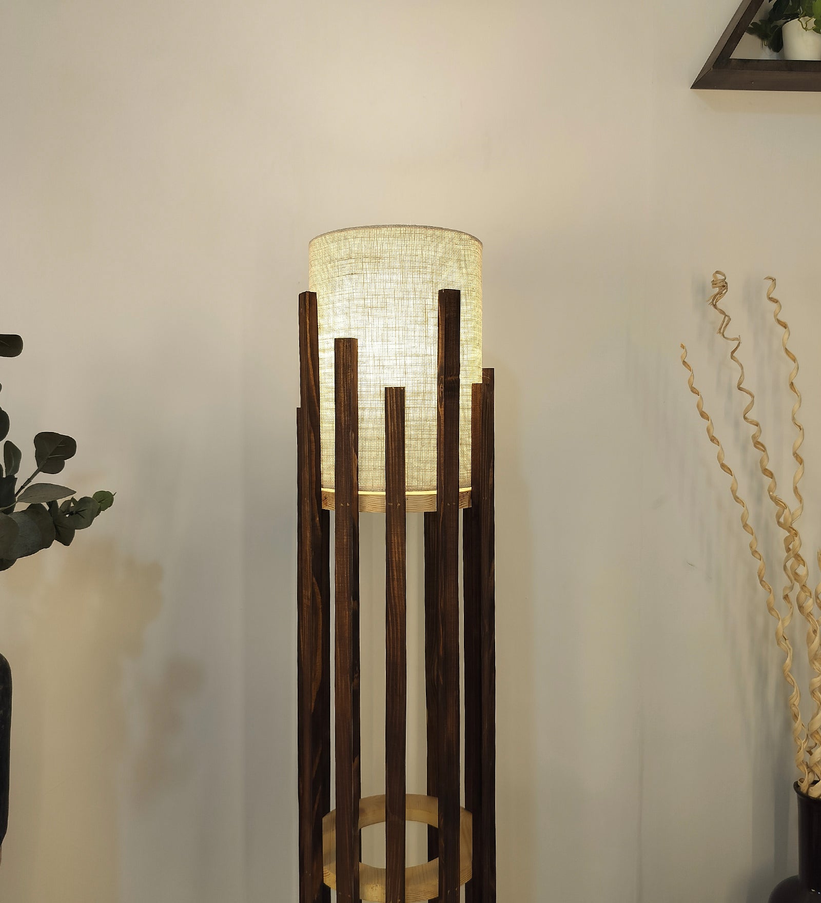 Bastian Wooden Floor Lamp with Brown Base and White Fabric Lampshade (BULB NOT INCLUDED)
