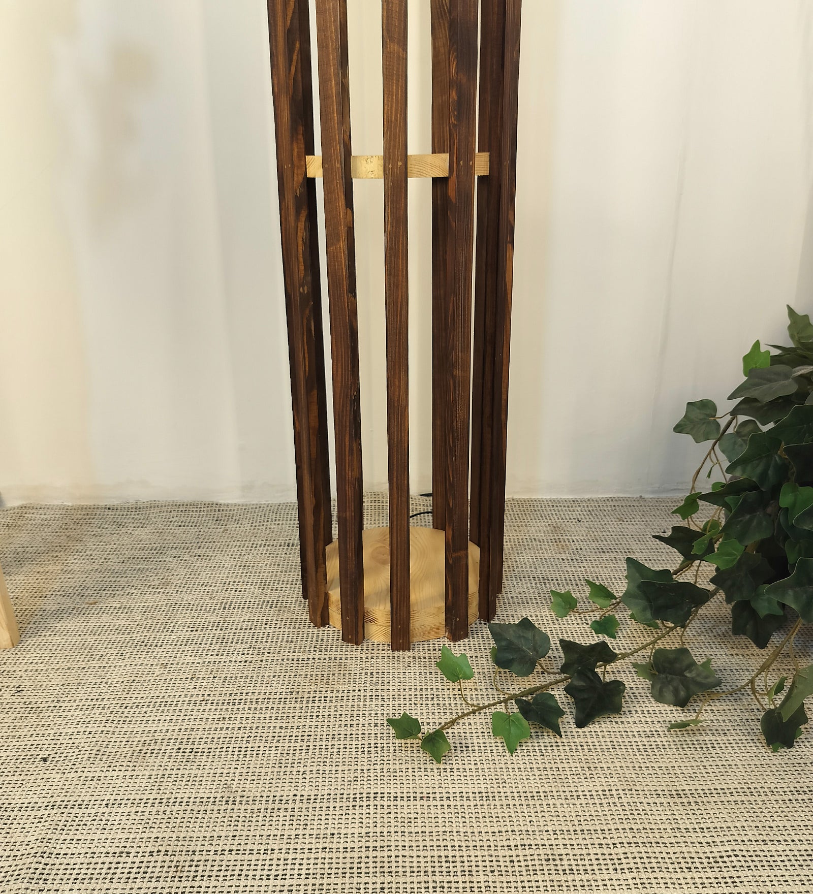 Bastian Wooden Floor Lamp with Brown Base and White Fabric Lampshade (BULB NOT INCLUDED)