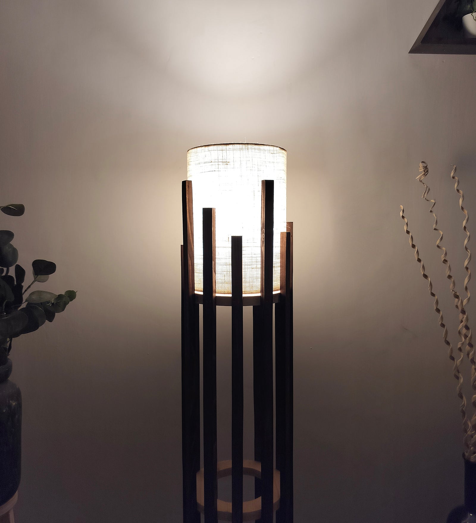 Bastian Wooden Floor Lamp with Brown Base and White Fabric Lampshade (BULB NOT INCLUDED)