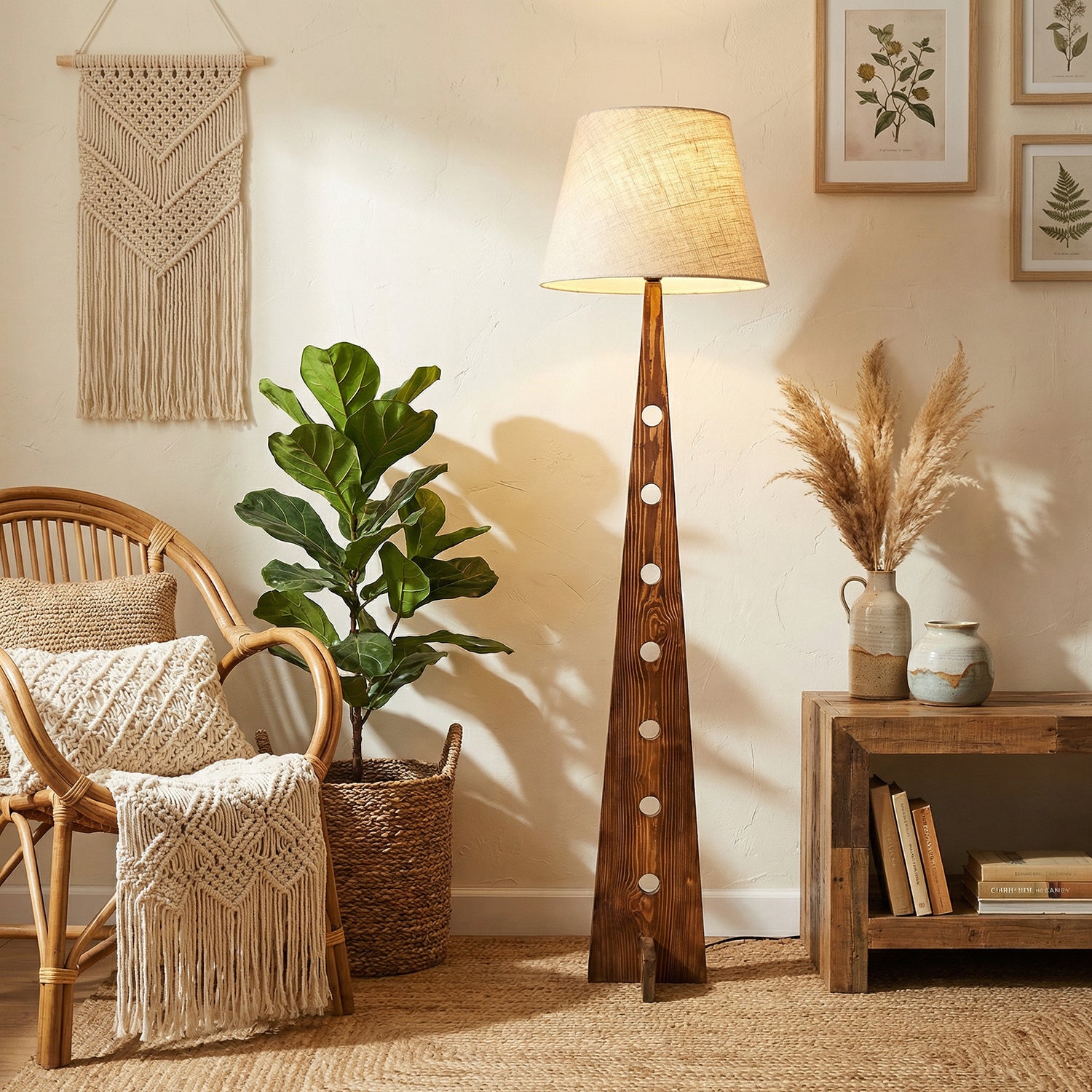 Bevel Wooden Floor Lamp with Brown Base and Yellow Printed Fabric Lampshade