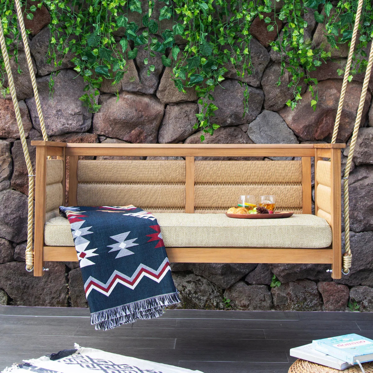 Ouch Cart Teak Wood Porch Swing with Cushion – Outdoor Hanging Patio Swing Chair with Synthetic Wicker & Chains