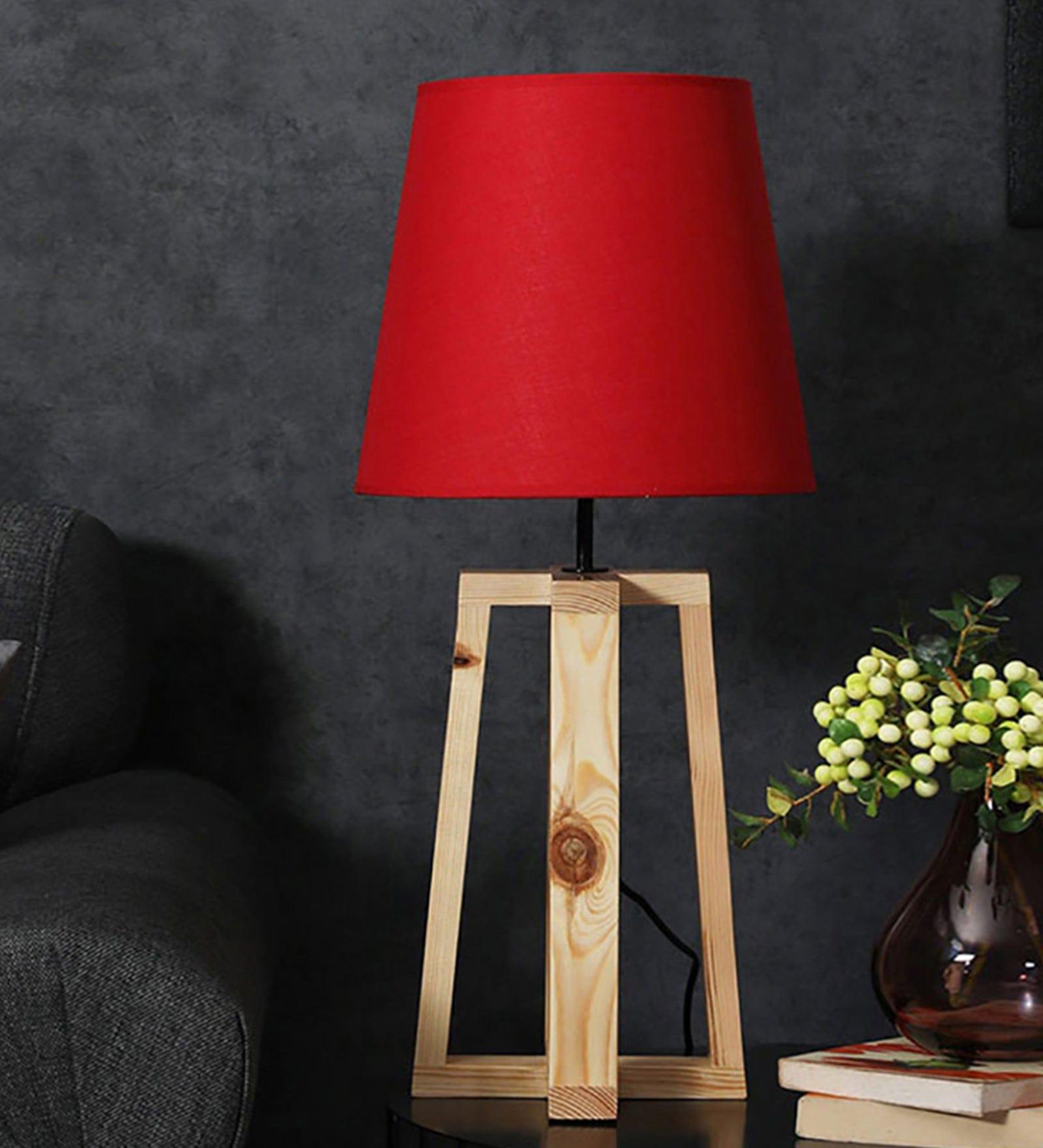 Blender Beige Wooden Table Lamp with Red Fabric Lampshade (BULB NOT INCLUDED) - Ouch Cart