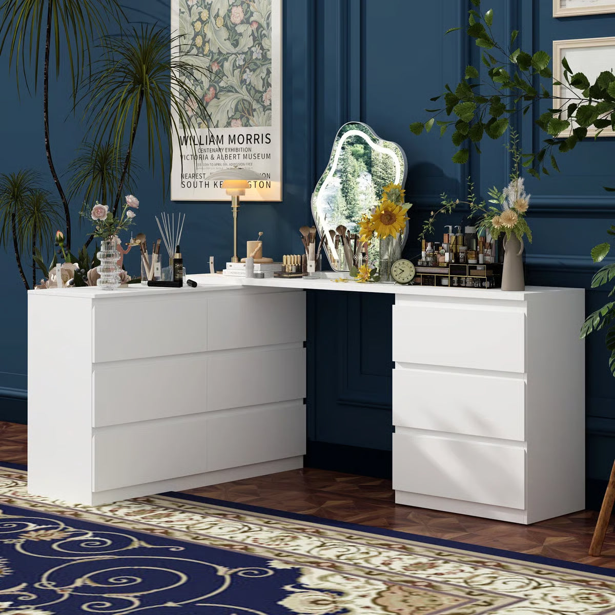 Functional Brance White 9-Drawer Makeup Vanity Desk – Convertible Design