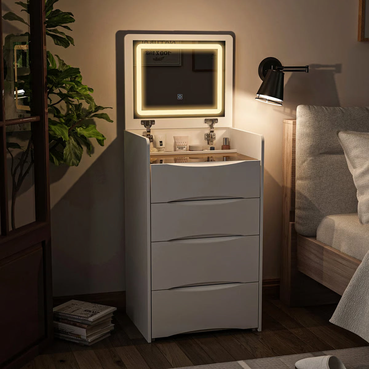 47’’ High-End Makeup Vanity Set with Glass Top, 5 Drawers, Built-In Power & Stool