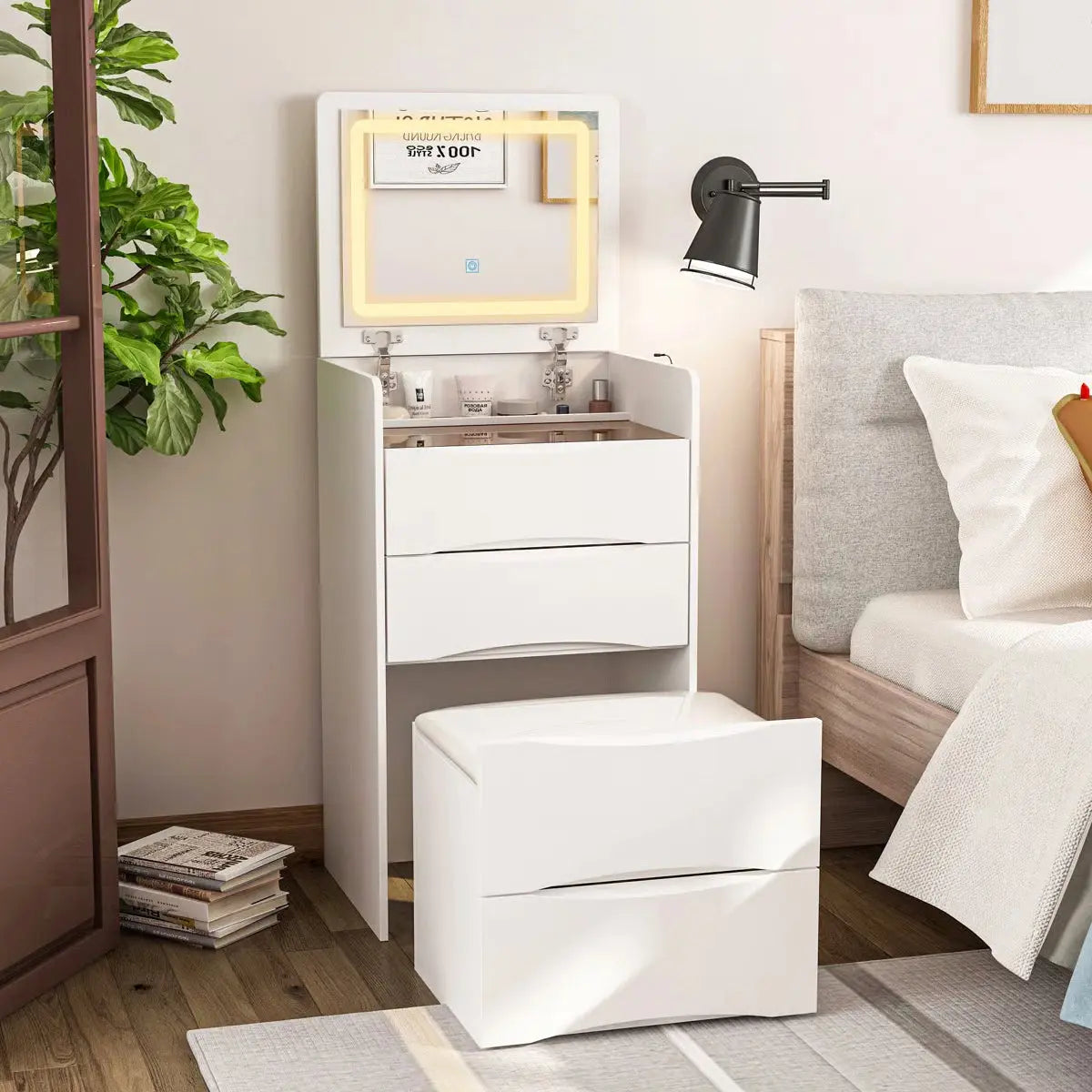 47’’ High-End Makeup Vanity Set with Glass Top, 5 Drawers, Built-In Power & Stool