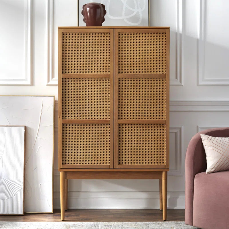 Kalicki Faux Cane Storage Cabinet Shelves, Mid-Century Wooden Cabinet for Dining Room & Living Room Ouch Cart