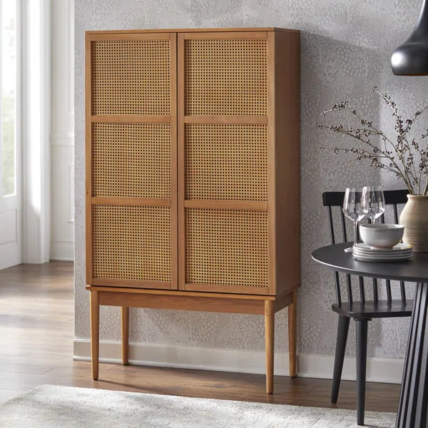 Kalicki Faux Cane Storage Cabinet Shelves, Mid-Century Wooden Cabinet for Dining Room & Living Room