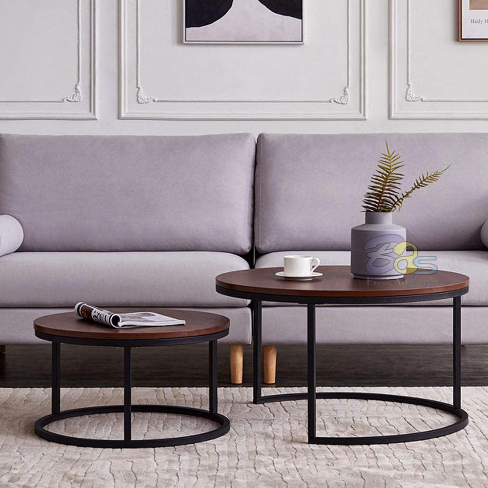 Ouch Cart Round Side Coffee Table Set of 2 with MDF Top & Iron Frame OUCH CART