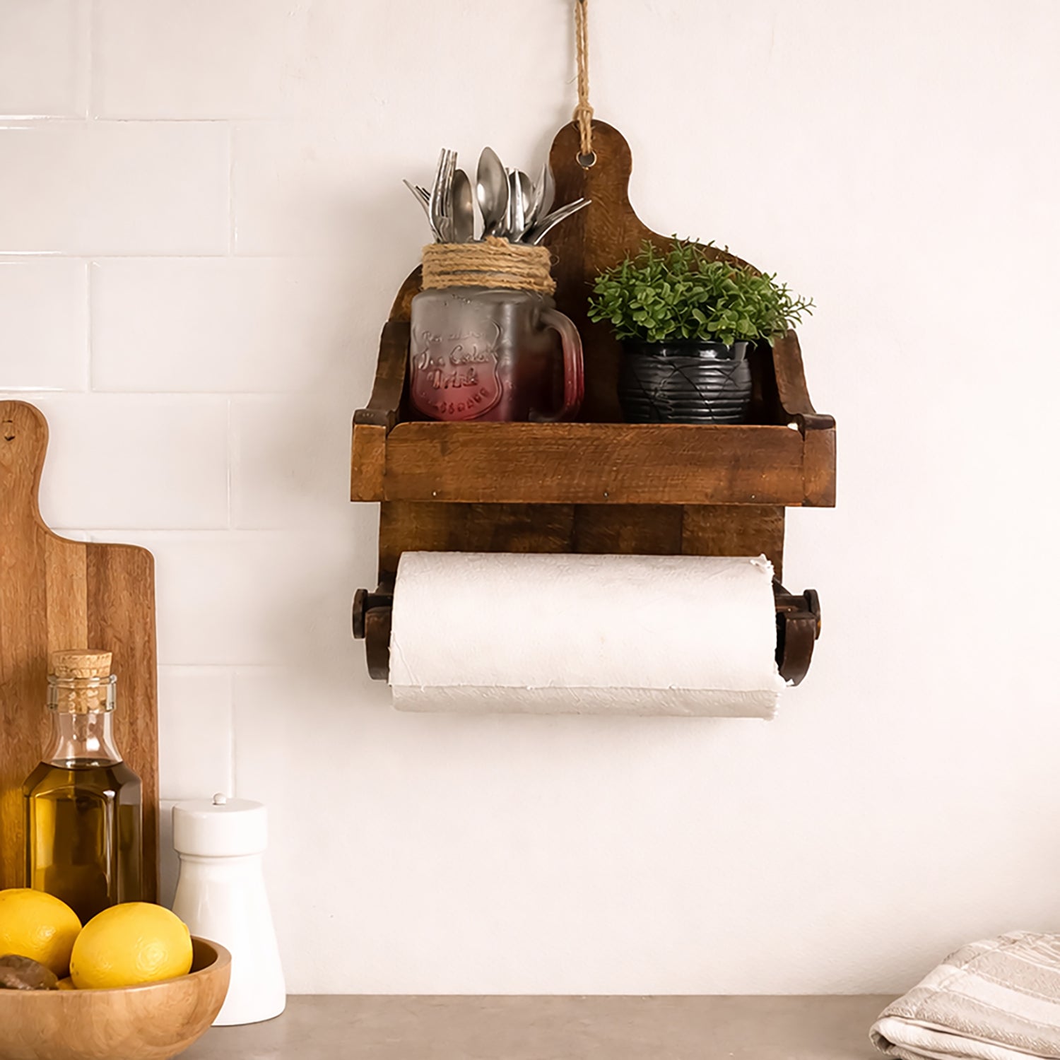 CELIA Wooden Wall Shelf Organiser with Kitchen Roll Holder
