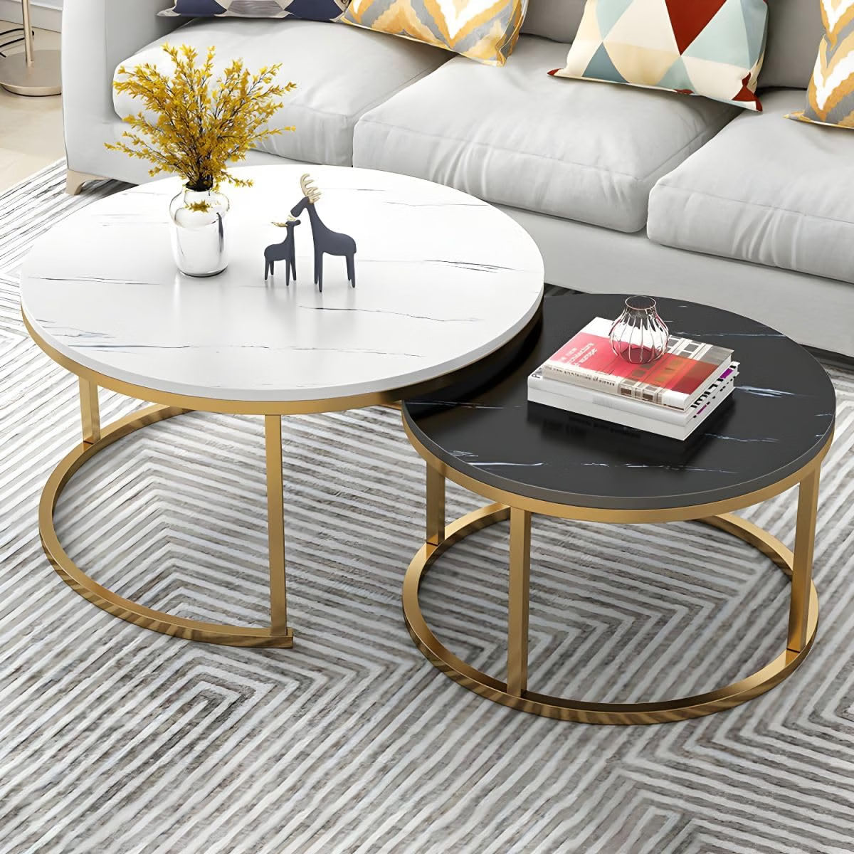 Ouch Cart Round Side Coffee Table Set of 2 with MDF Top & Iron Frame OUCH CART