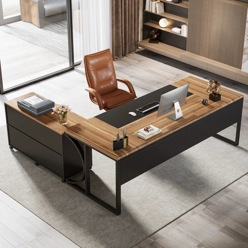 63'' Large L-Shaped Executive Desk with Portable File Cabinet Ouch Cart