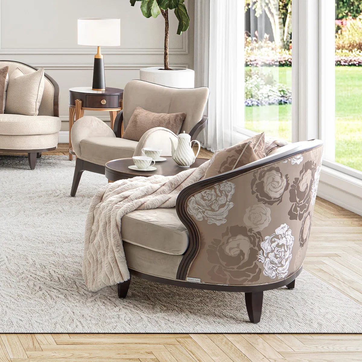 Camellia Field Velvet Accent Chair with Floral Back & Decorative Pillow OUCH CART