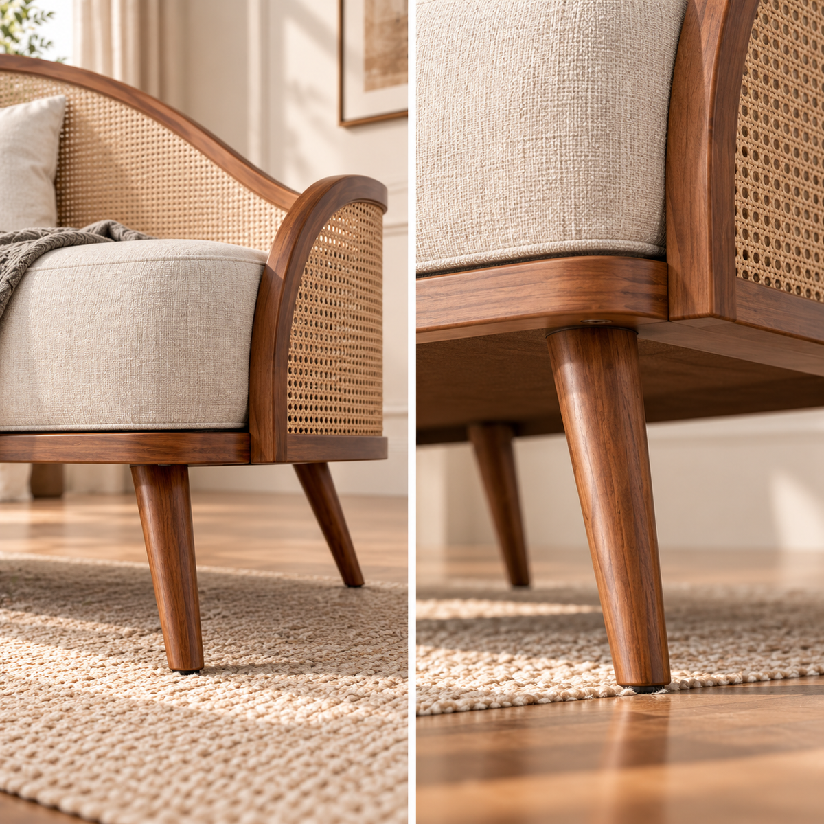 Cane Daybed Sofa with Solid Wood Frame Mid-Century Modern 3 Seater Sofa with Cream Upholstery & Rattan Backrest