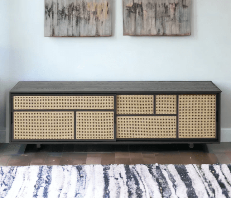 TEAK WOOD CANE BLACK SIDEBOARD - Ouch Cart
