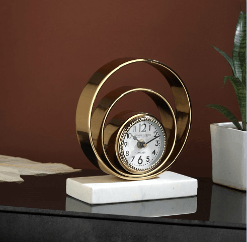 Rings Of Saturn Desk Clock in Marble & Gold Finish - Ouch Cart