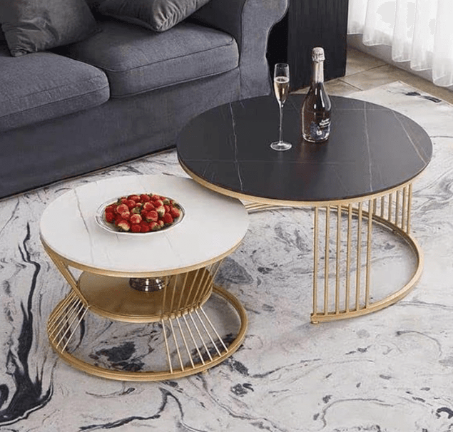 Round Coffee Table, Modern Minimalist Coffee Table, Balcony Coffee Table Side Table Combination, (Black-White-Gold) - Ouch Cart