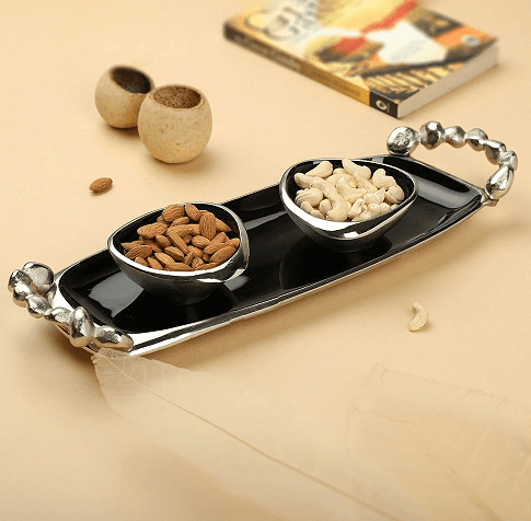Stones Serving ware Jet Black enamle - Tray & Bowls Set Silver - Ouch Cart