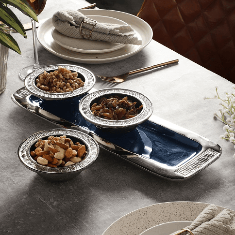 Versace Design Bowl Tray Set in Blue Enamle & Silver Finish - Ouch Cart