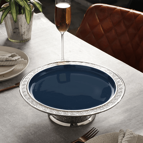 Versace Design Cake Stand in Blue Enamle & Silver Finish - Ouch Cart