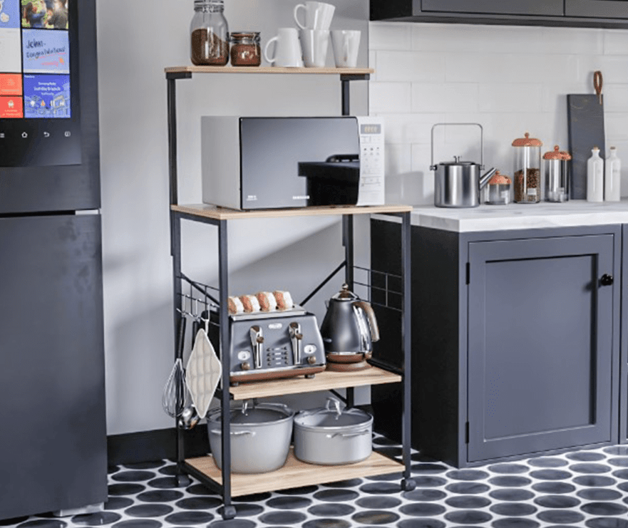 4 Tier Kitchen Organizer and Microwave Stand with Wheels and Side Hooks in Natural Finish - Ouch Cart