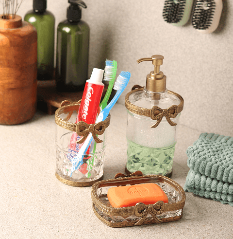 Antique Bow-Tied Glass Bathroom Gold Set - Ouch Cart