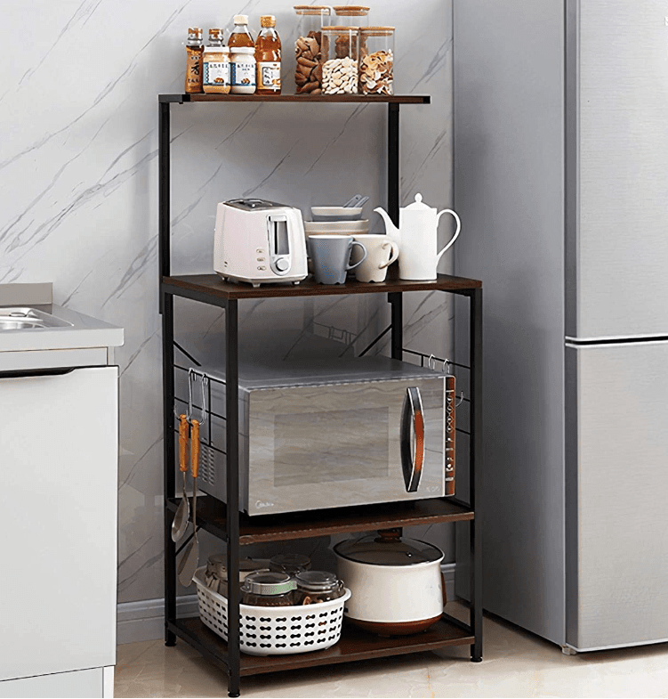 4 Tier Microwave Stand with Wheels and Side Hooks in Walnut Finish - Ouch Cart